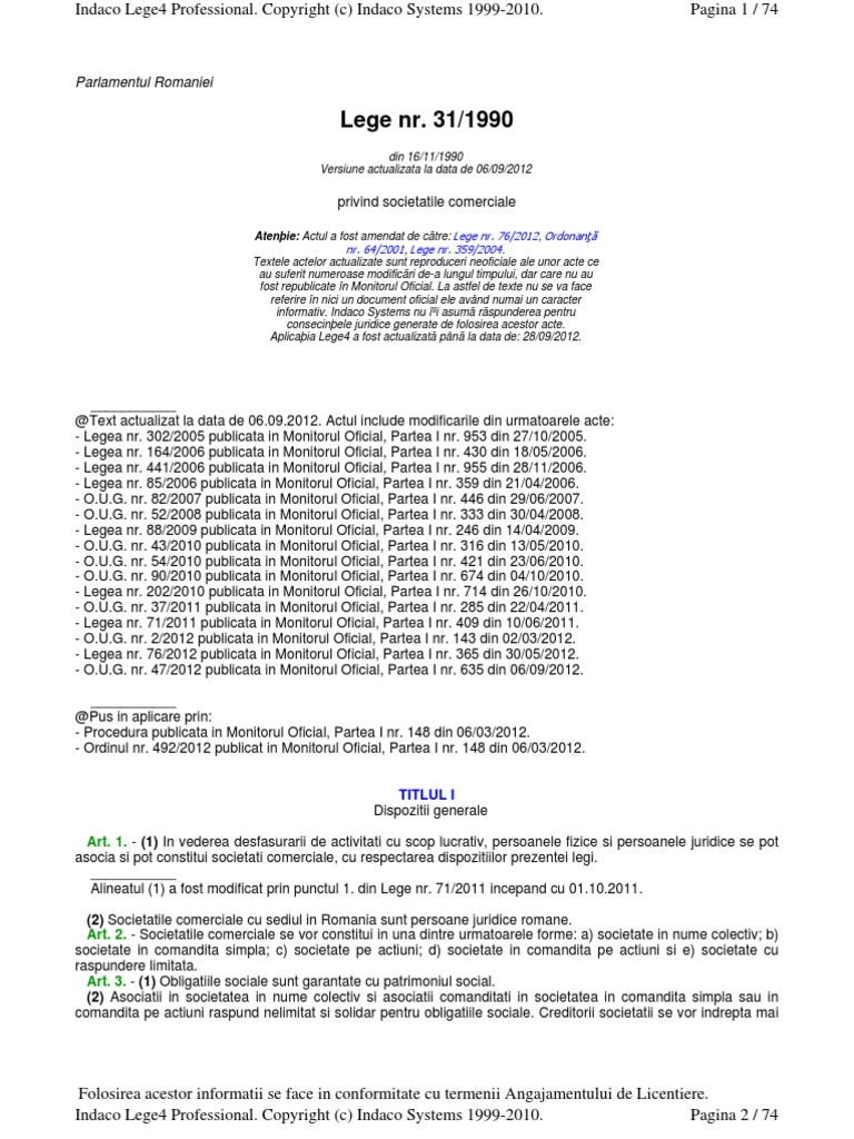 Legea 31 1990 A Societatilor Comerciale Actualizata Septembrie 2012 PDF