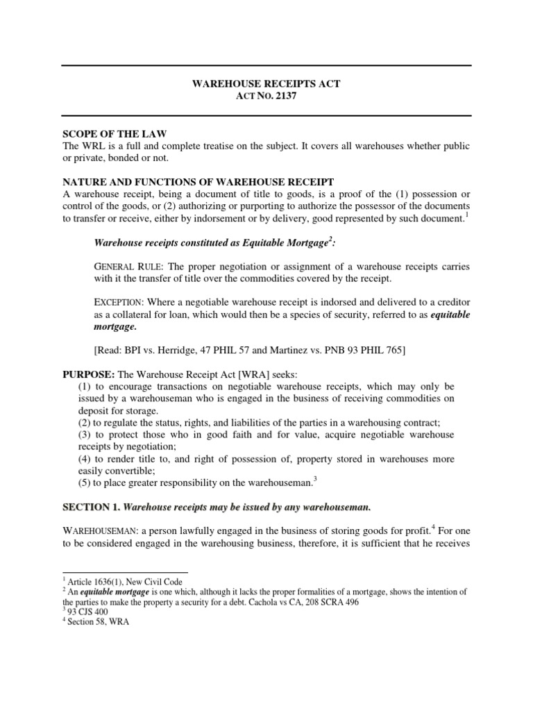 Warehouse Receipts Act PDF Legal Liability Negotiable Instrument