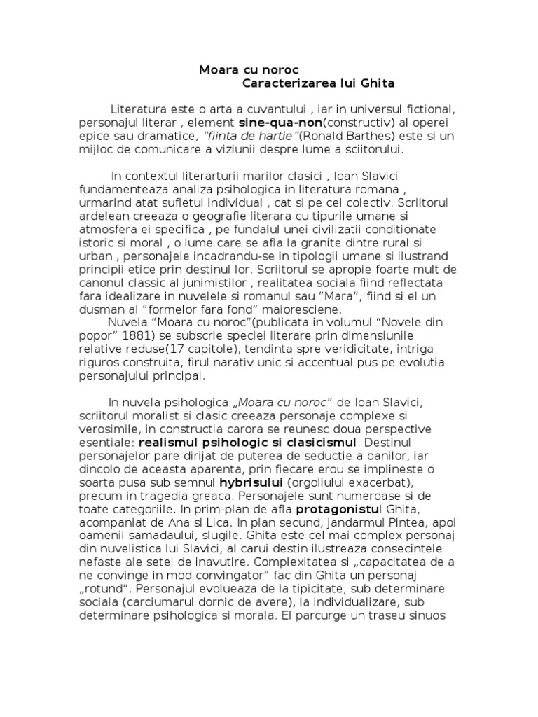 Moara Cu Noroc Caracterizare Ghita Moara Cu Noroc-Caracterizare Ghita | PDF