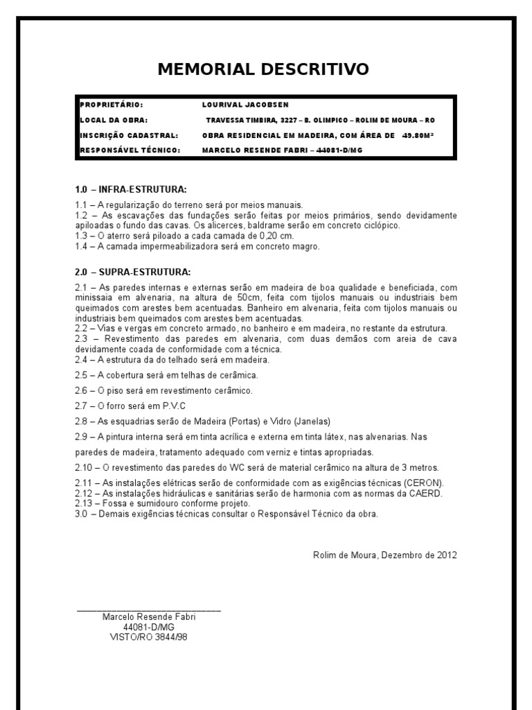 Memorial Descritivo de Obra Residencial | PDF | Alvenaria | Engenharia