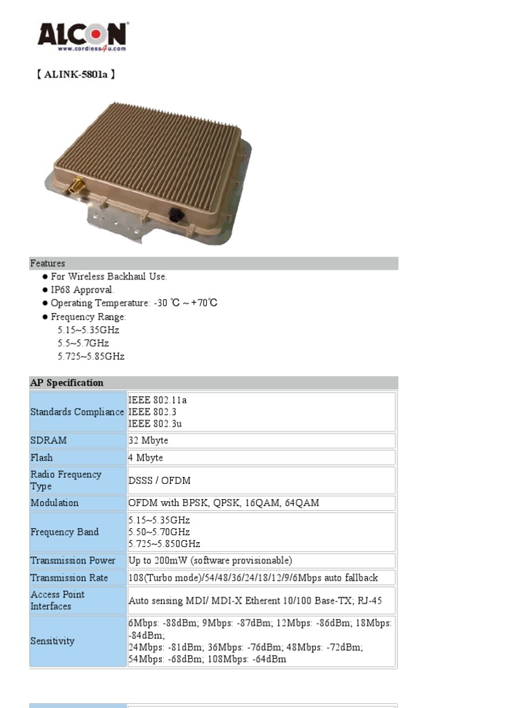 ALCON C4U ALINK-5801a Specification | PDF