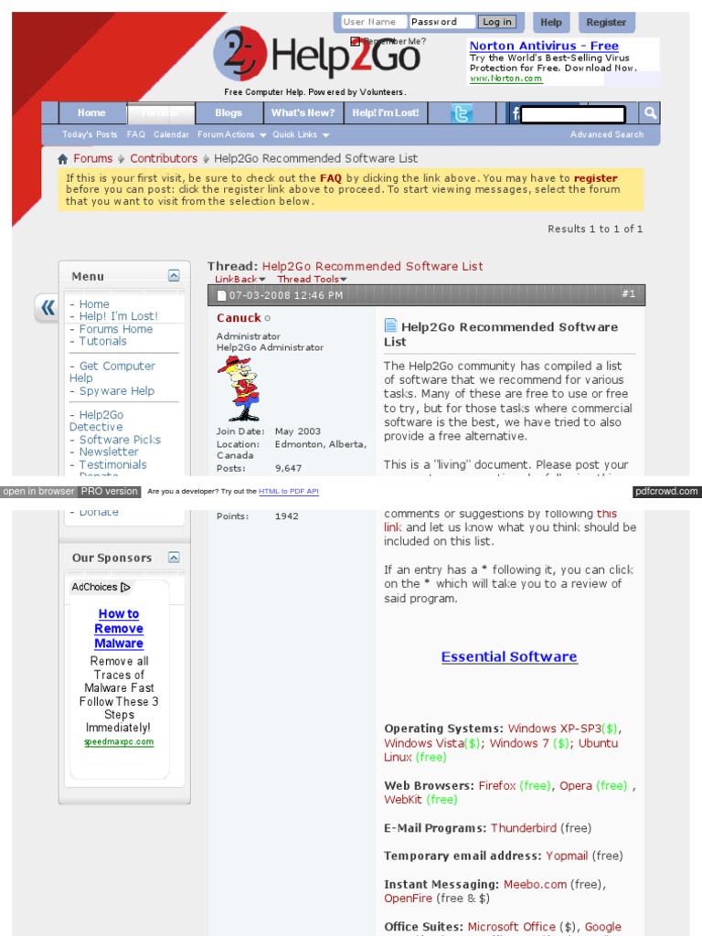 Help2Go Recommended Software List | PDF | Spyware | Internet Forum