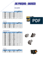 Tabela de preços Jacuzzi com bombas, filtros e acessórios