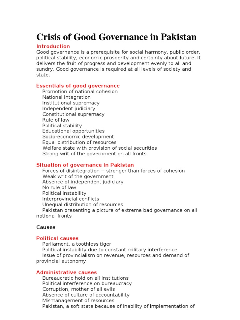 Governance Crisis in Pakistan: Causes & Remedies | PDF | Good ...