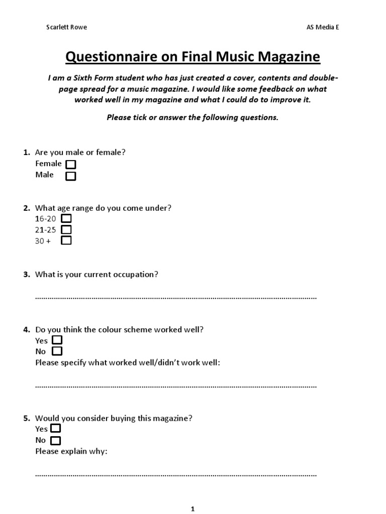 Music Magazine Feedback Survey | PDF