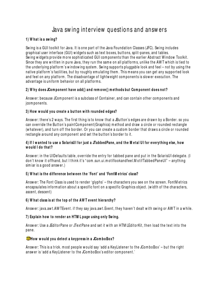 Java Swing Interview Questions And Answers Object Oriented