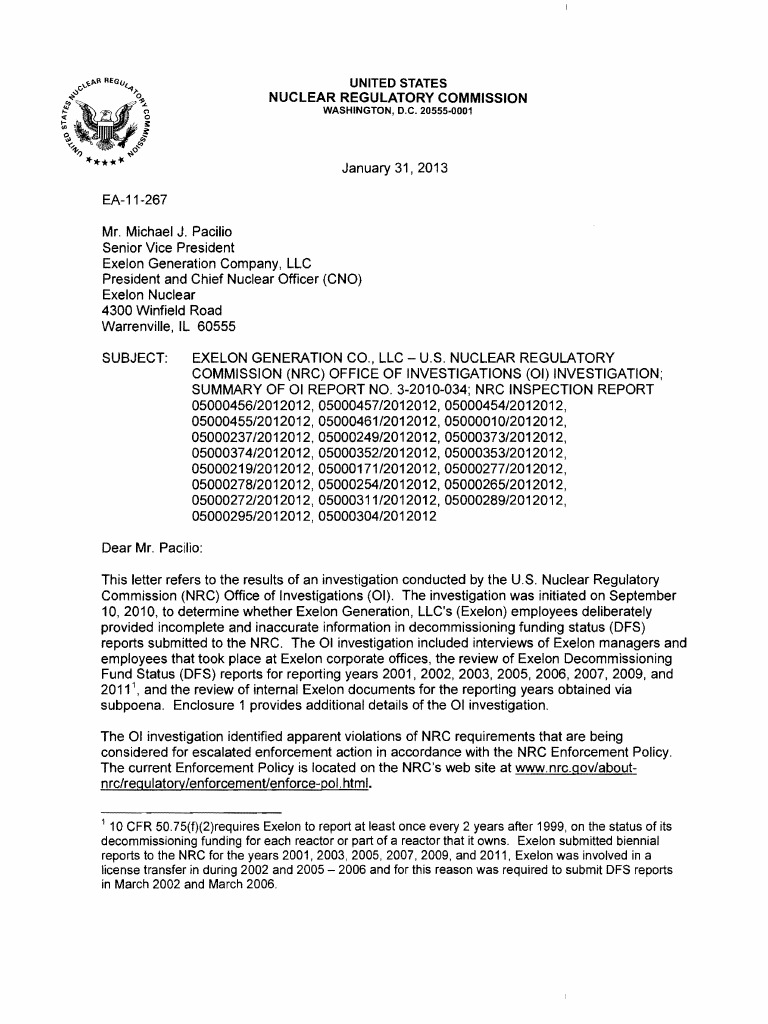 NRC Exelon Report | PDF | Nuclear Regulatory Commission | Spreadsheet