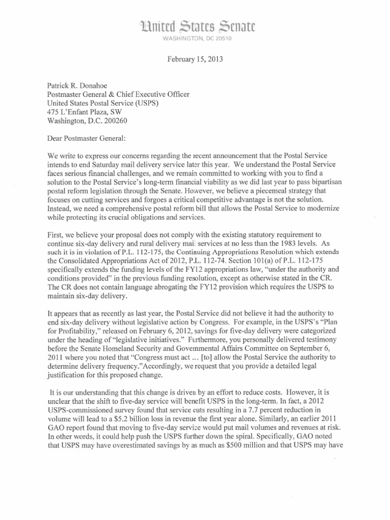 USPS Saturday Delivery Letter