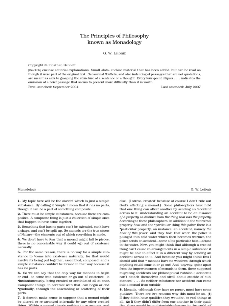 Monadology, Gottfried Leibniz (Trans Jonathan Bennett) | PDF | Self ...