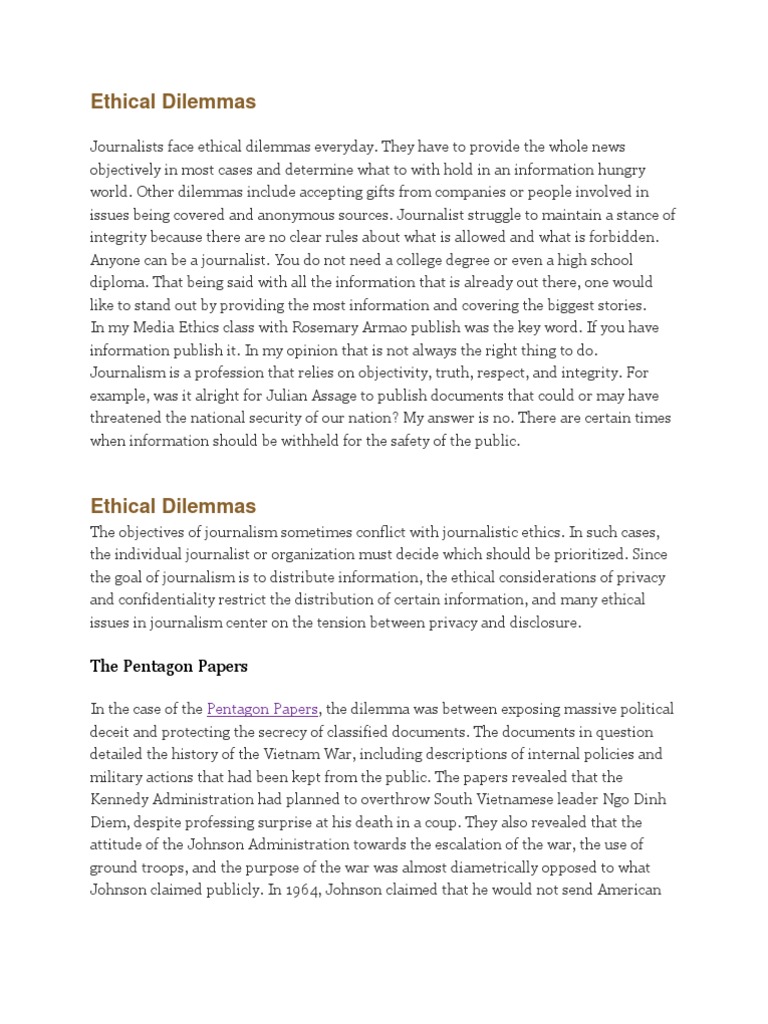Ethical Dilemmas Journalism PDF Pentagon Papers Journalism