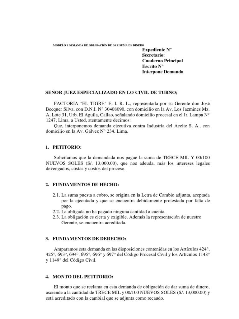 CIVIL - MODELO 1 DEMANDA DE OBLIGACIÓN DE DAR SUMA DE DINERO