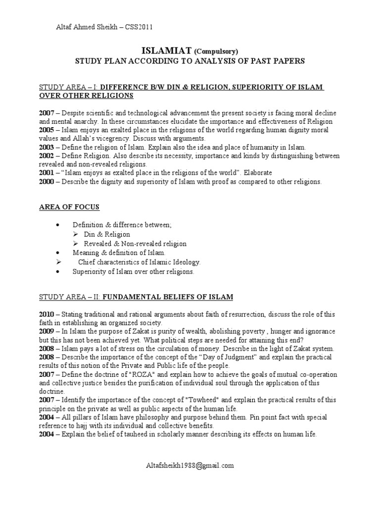 Study Plan - Islamiyat - Css 2011 | PDF | Women In Islam | Sharia