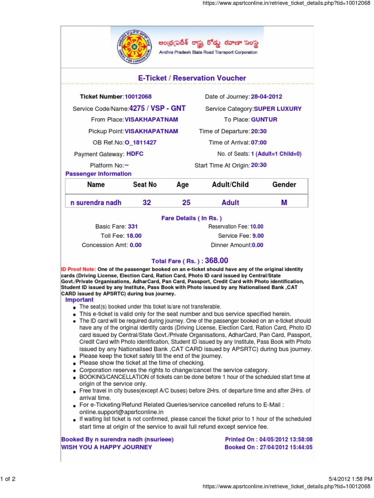 Apsrtc Ticket | PDF | Identity Document | Ticket (Admission)