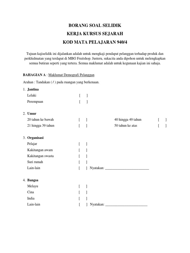 Borang Soal Selidik Sej Borang Soal Selidik Sej