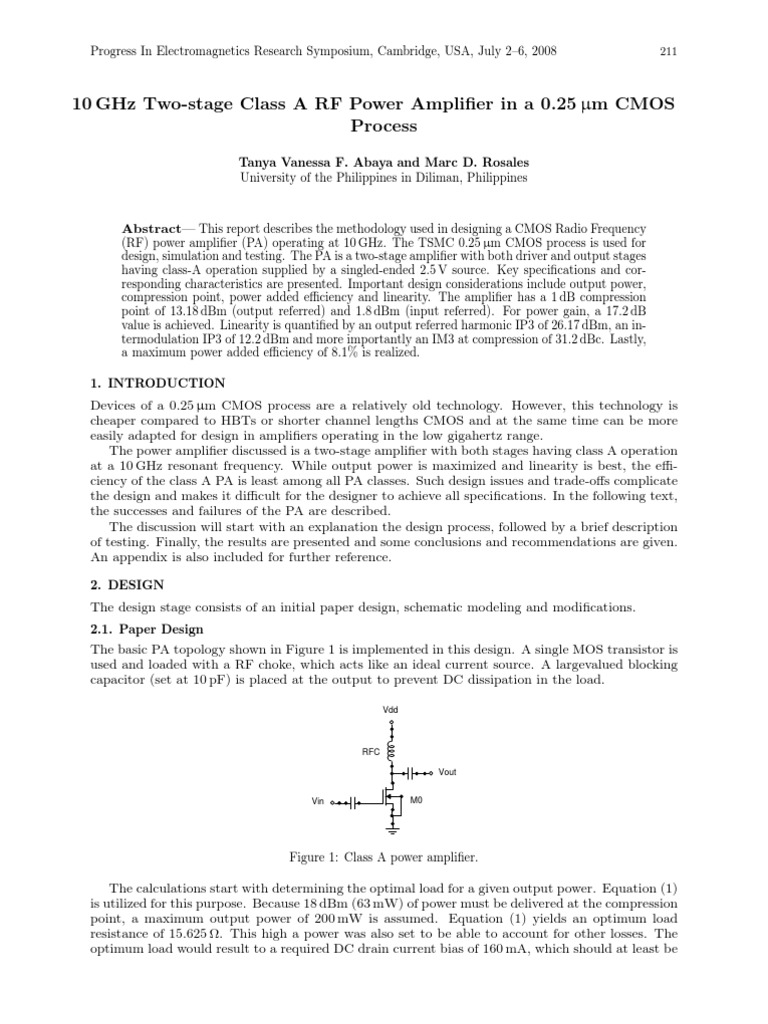 10 GHz Twostage Class A RF Power Amplifier in a 0.25 μm CMOS Process