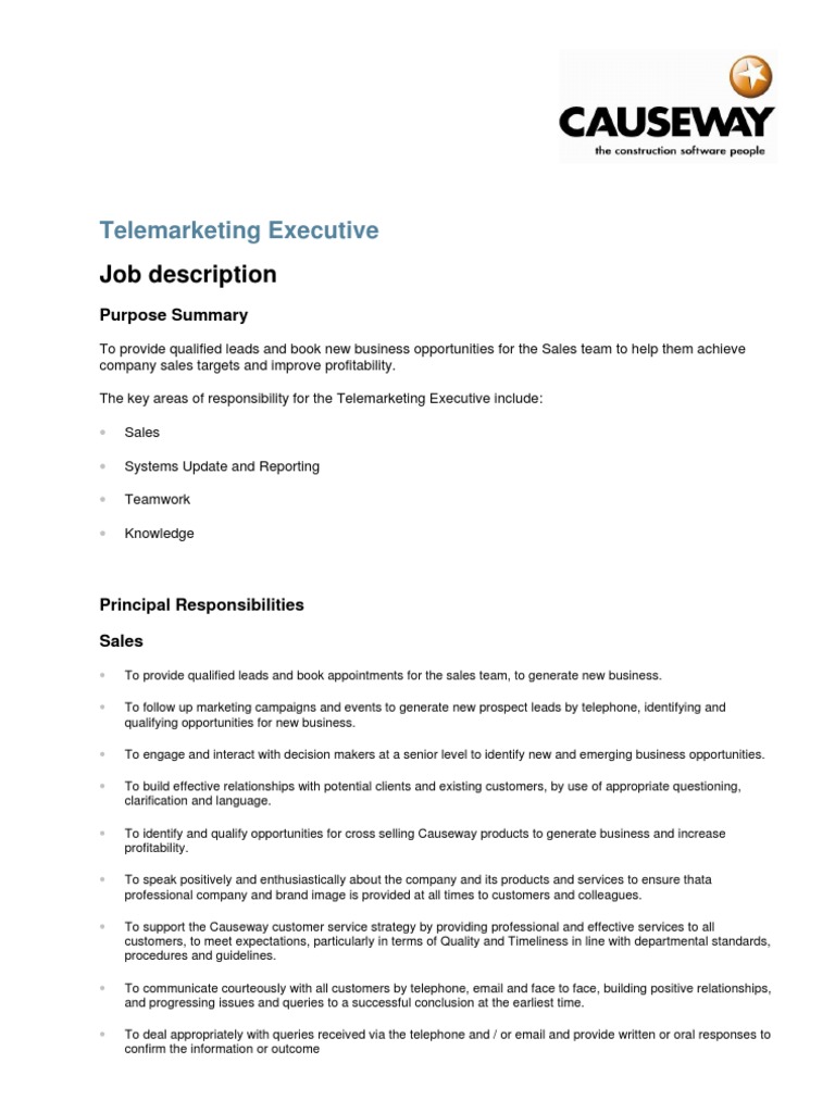 Telemarketing Executive Job Description PDF Sales Marketing