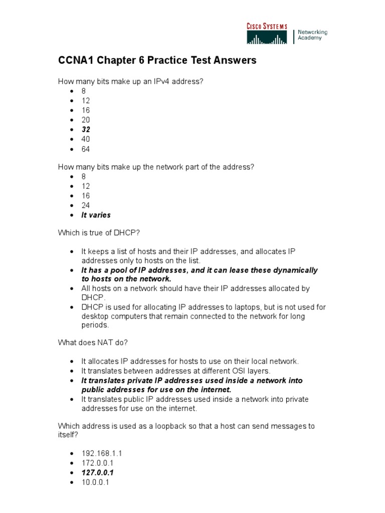 Practice Testanswers 6 | PDF | Ip Address | Router (Computing)