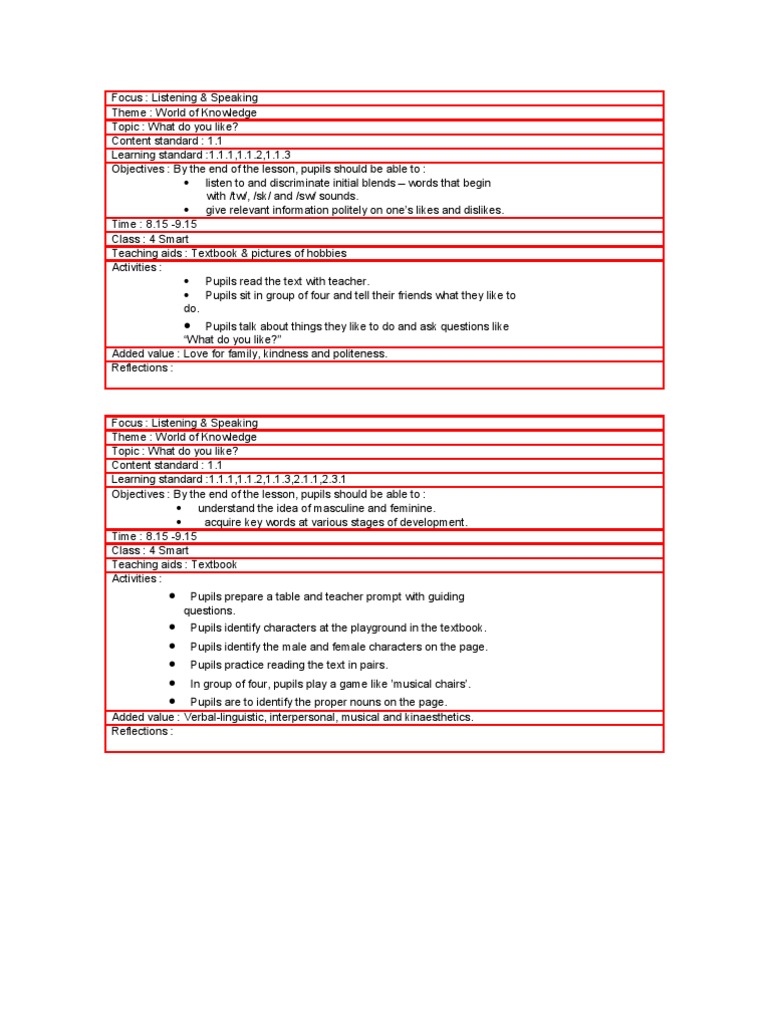 Lesson Plan Year 4 | PDF | Reading Comprehension | Textbook