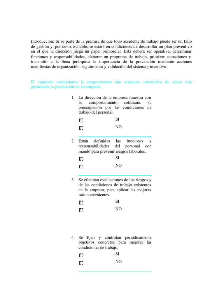 Test Evaluacion Riesgos Laborales | Seguridad y salud ocupacional
