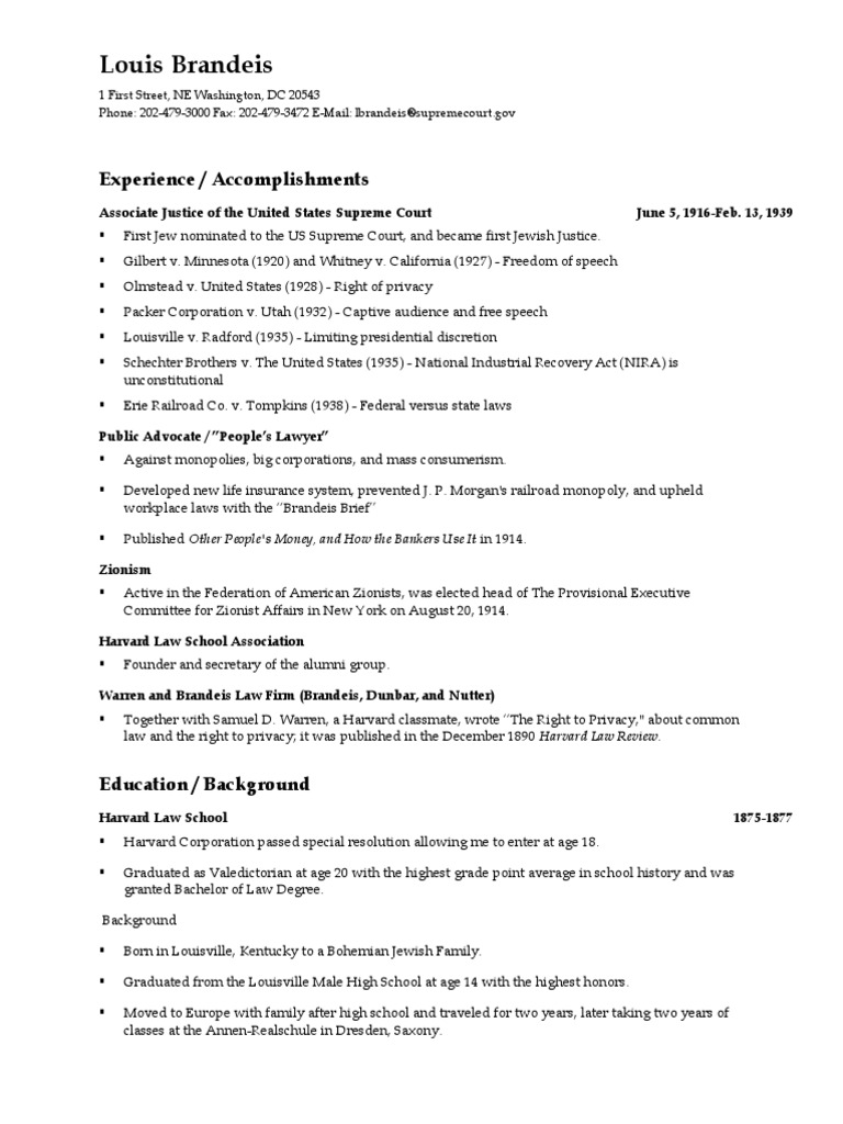 Progressive Resume Louis Brandeis - 1565268072