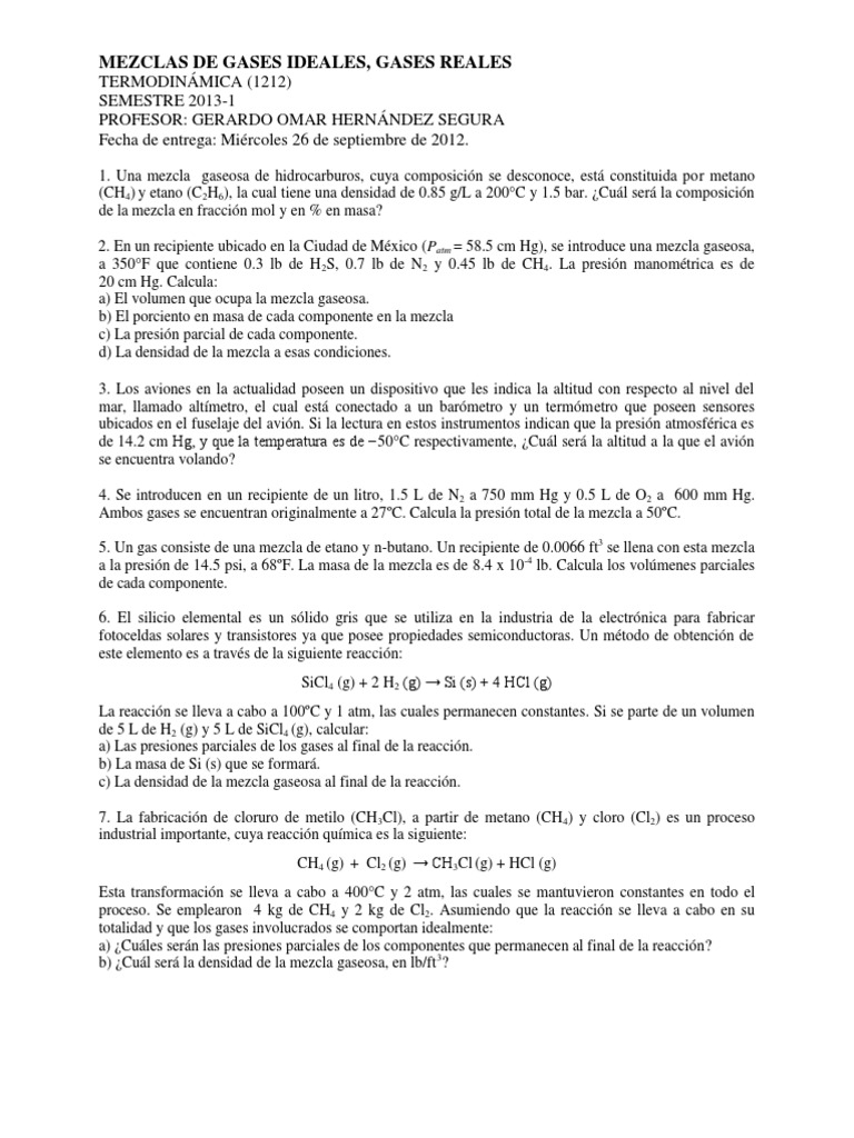 Gases Reales y Mezclas de Gases Ideales 2013-1 | PDF | Gases | Densidad