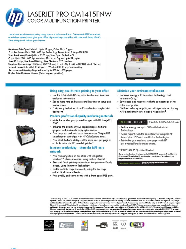 HP Laserjet Pro Cm1415fnw | PDF | Printer (Computing) | 64 Bit Computing