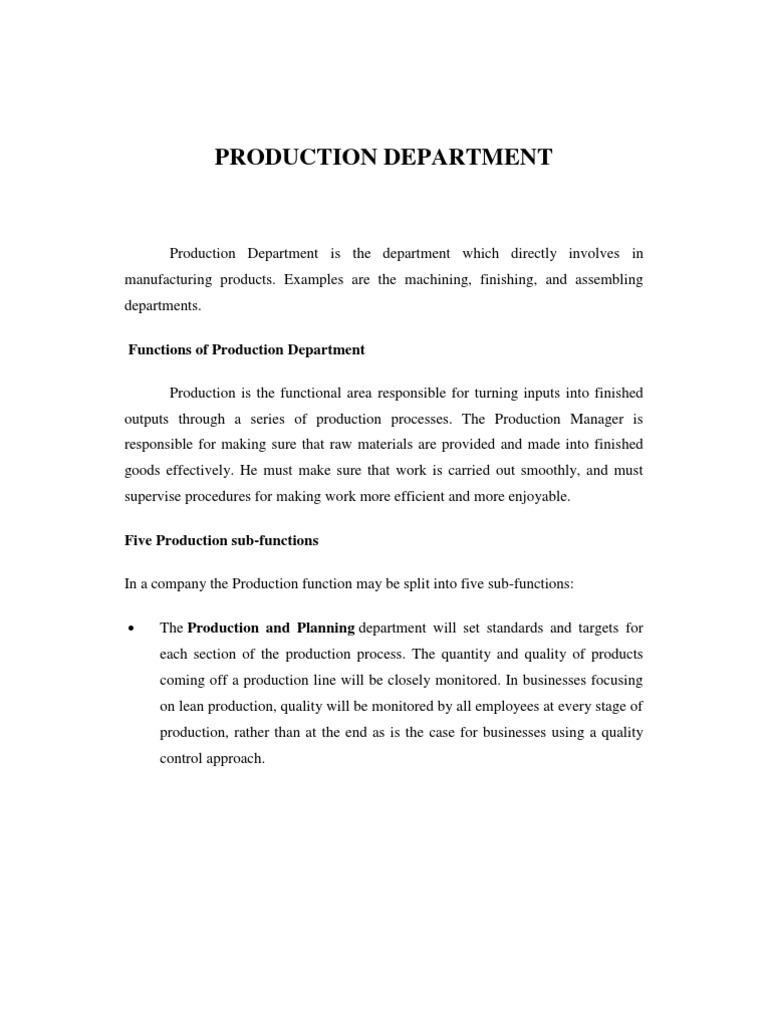 Aims And Functions Of Production Department PDF Warehouse Retail