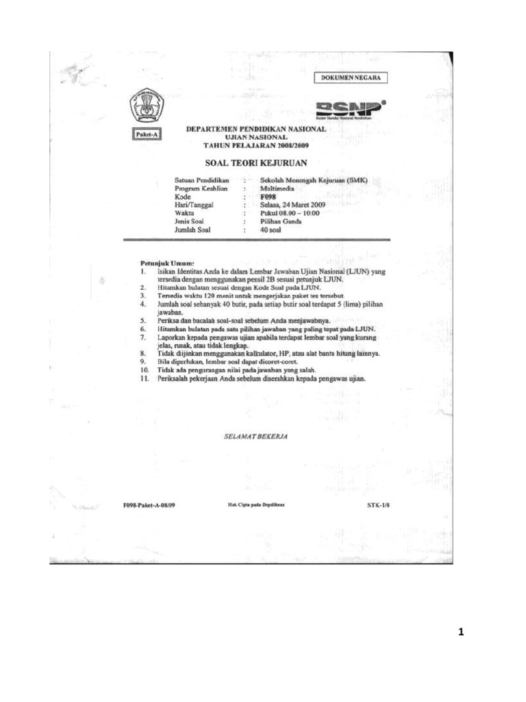  Soal  UN  Teori Kejuruan Multimedia  2008 2009 SMK Paket A 