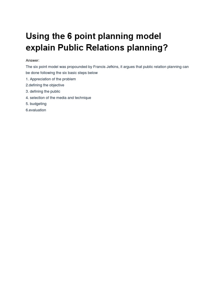 Six Point PR Planning Model Explained | PDF | Public Relations | Cognition
