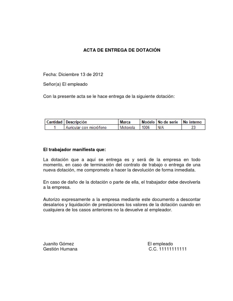 MODELO ACTA DE ENTREGA DE DOTACIÓN DE EQUIPO