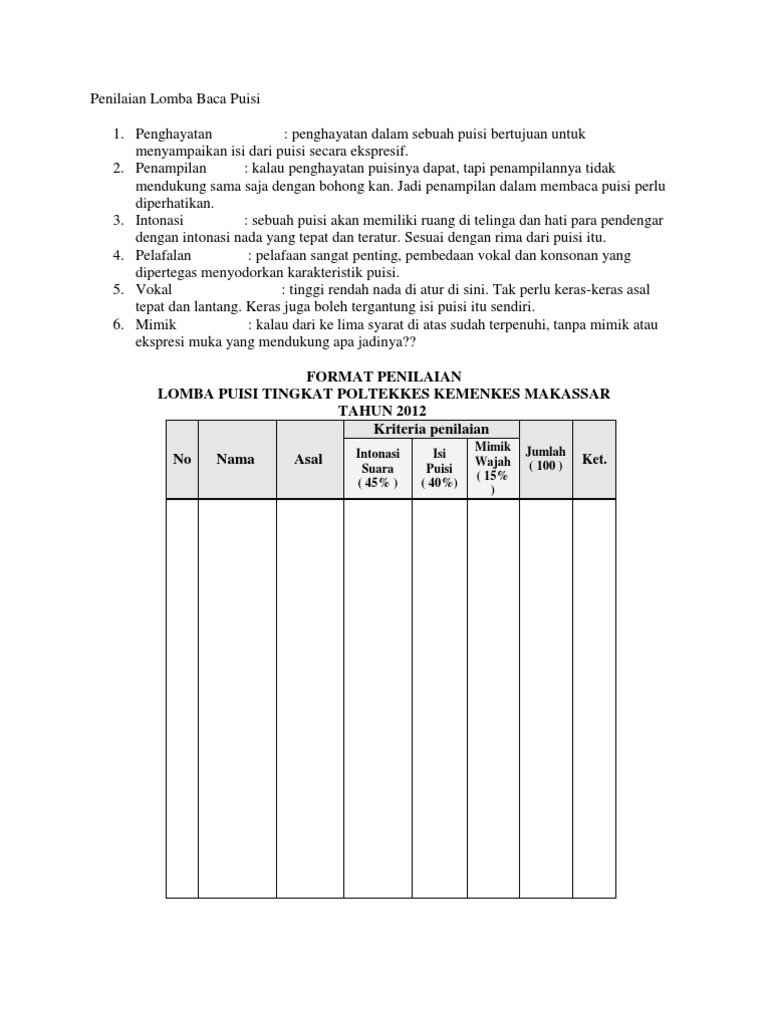 Format Penilaian Lomba Baca Puisi