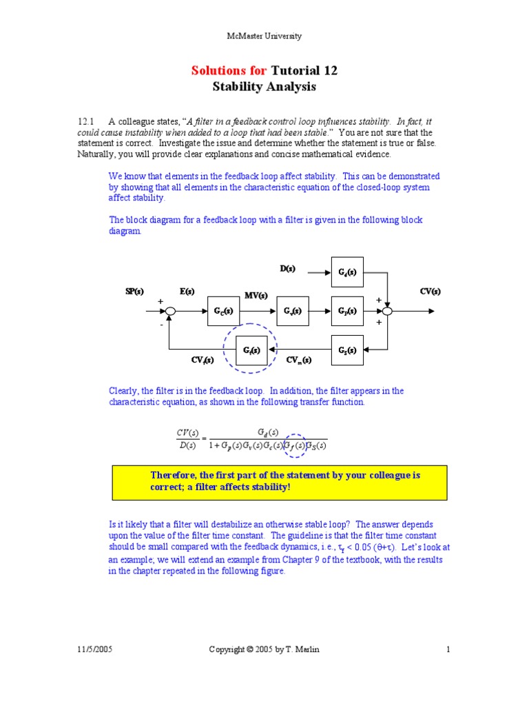 Solutions For: Tutorial 12 Stability Analysis | PDF | Control Theory ...