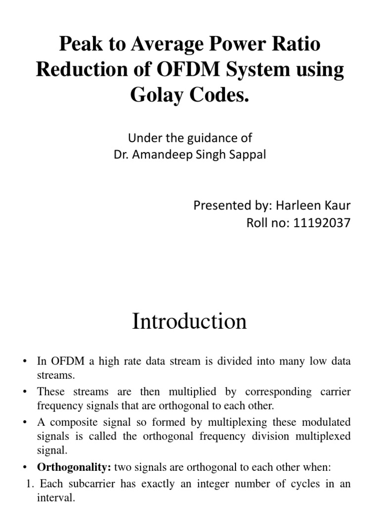 Peak To Average Power Ratio Reduction of OFDM System Using Golay Codes ...
