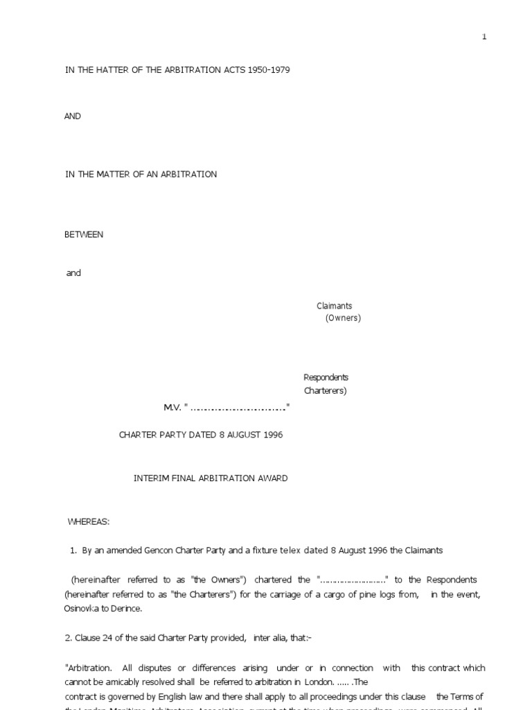 Interim Final Arbitration Award Summary | PDF | Cargo | Bill Of Lading