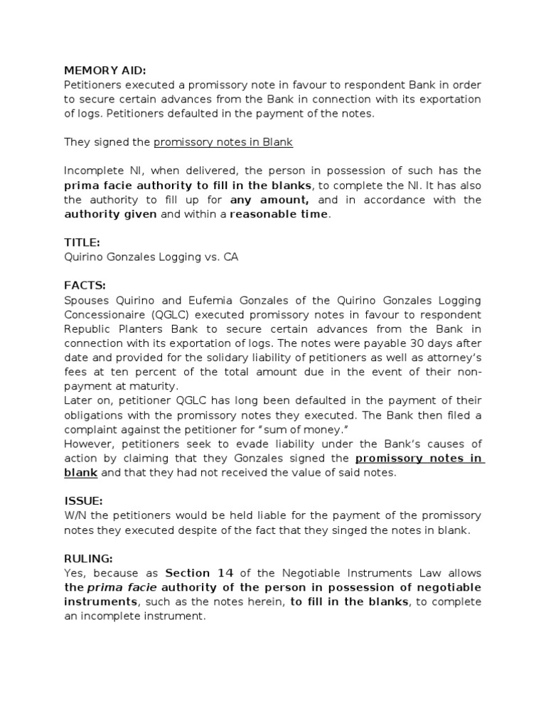 Quirino Gonzales Logging vs. CA PDF Negotiable Instrument
