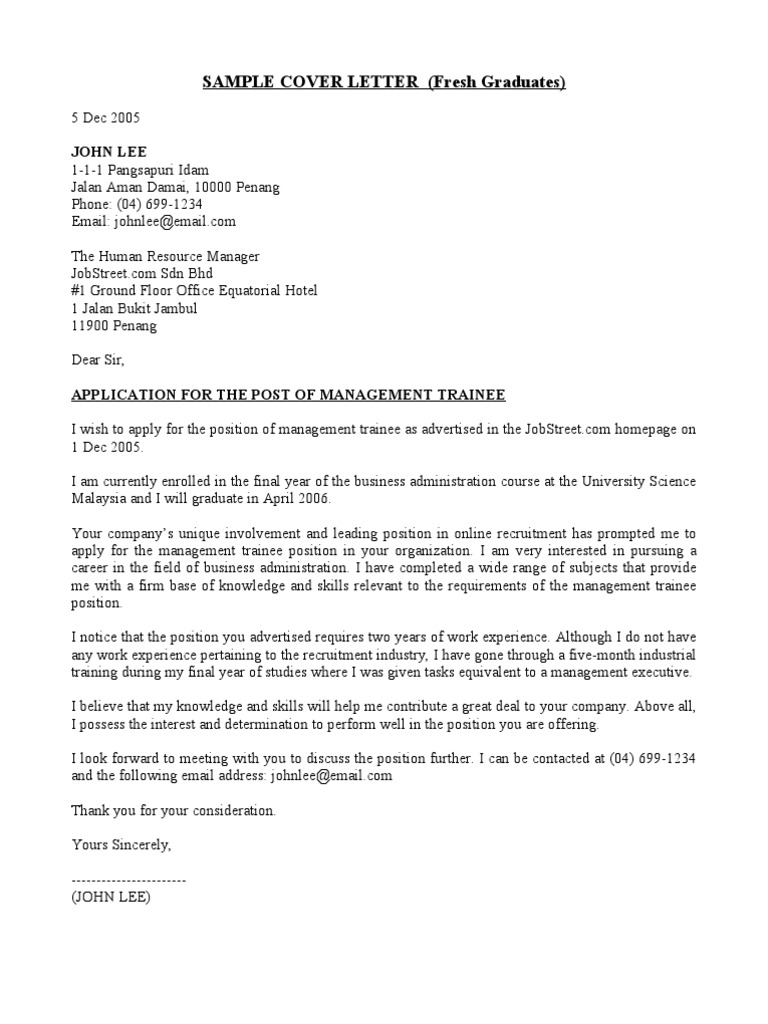 Cover Letter Example for Fresh Graduates | PDF