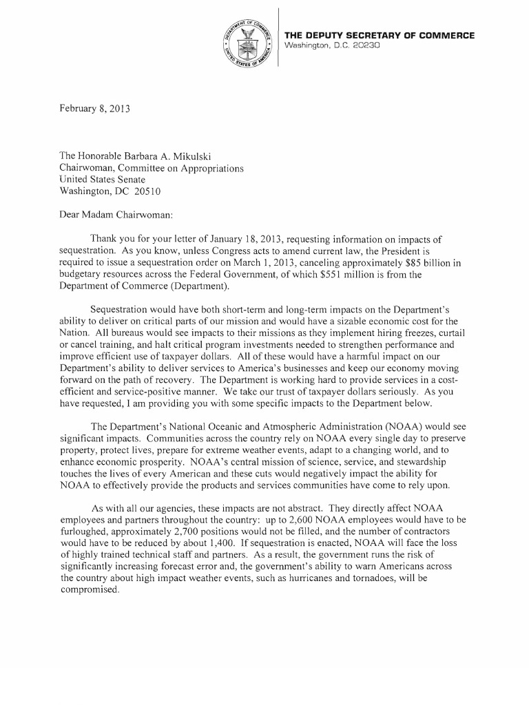 Department of Commerce Sequestration letter to Congress National