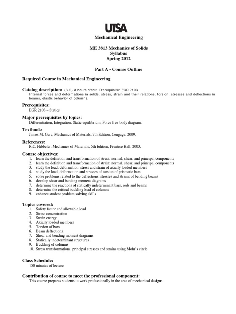 Mechanics of Solids Syllabus | PDF | Stress (Mechanics) | Deformation ...