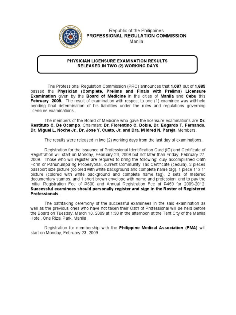 Physician Licensure Examination Results PDF Universities And