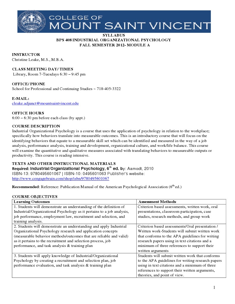 Iopsychology Syllabus PDF Industrial And Organizational Psychology