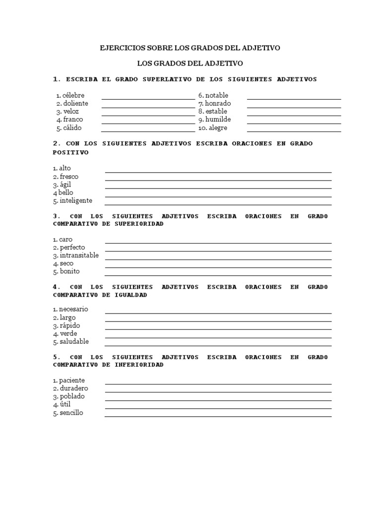 Ejercicios Sobre Grado Del Adjetivo Calificativo | Naturaleza ...