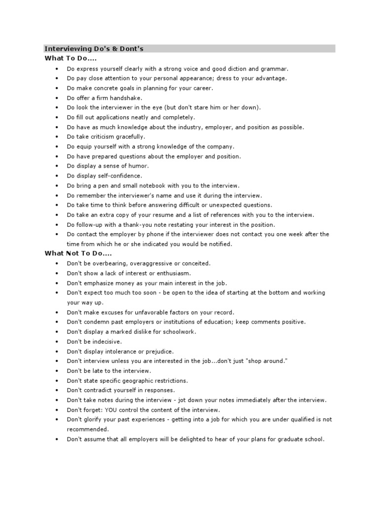 A Comprehensive Guide To Interview Dos And Don Ts Pdf Question