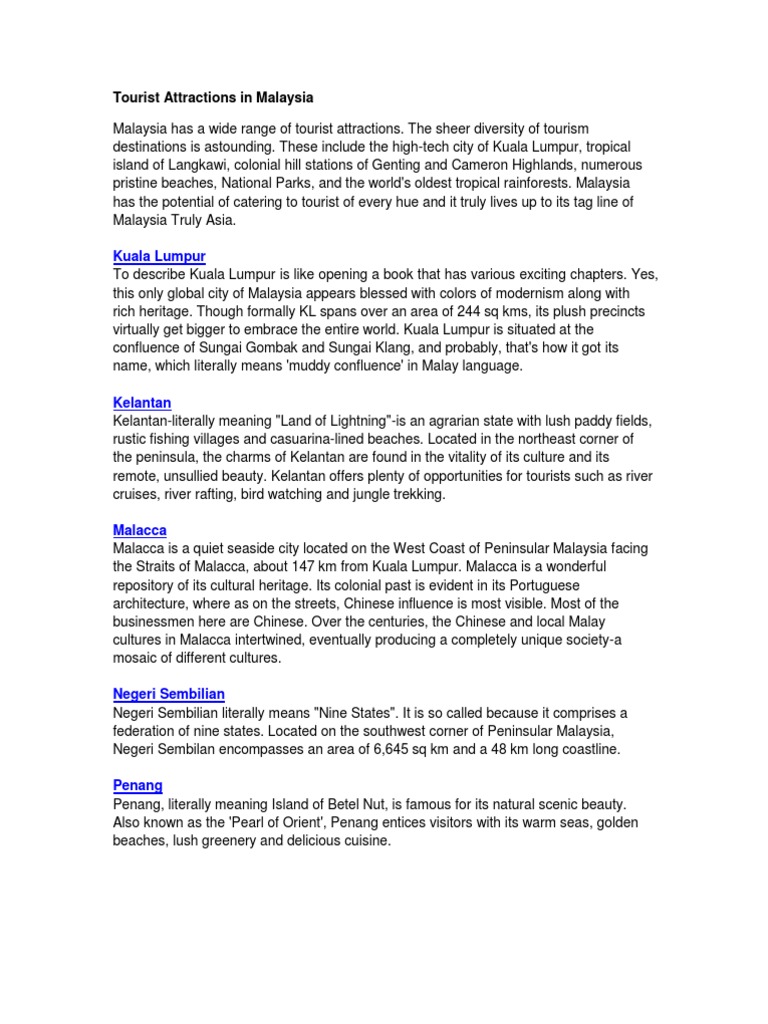Top Tourist Attractions in Malaysia | PDF