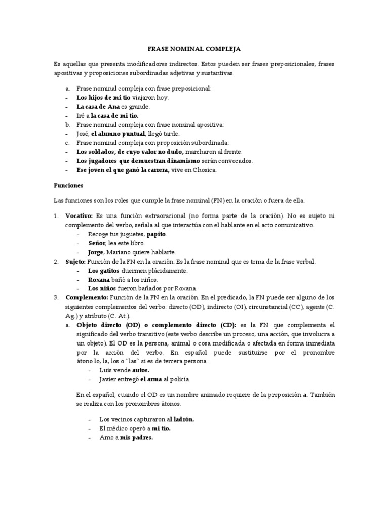 Frase Nominal Compleja Pdf Objeto Gramatica Verbo