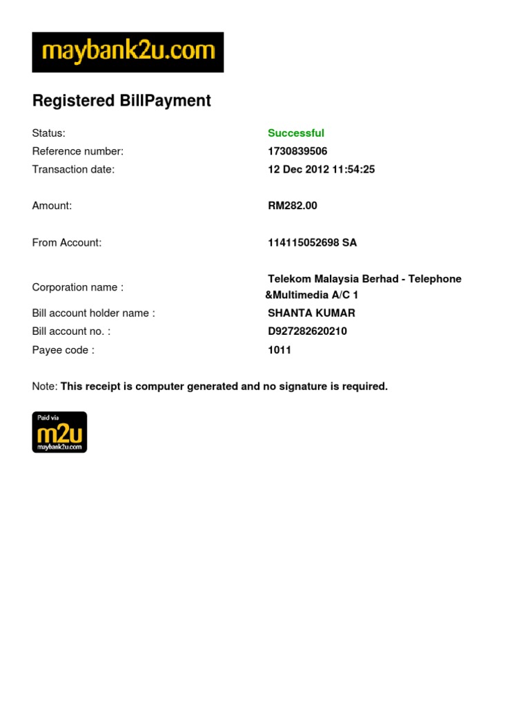 Telekom Malaysia Bill Payment Receipt | PDF | Finance & Money Management