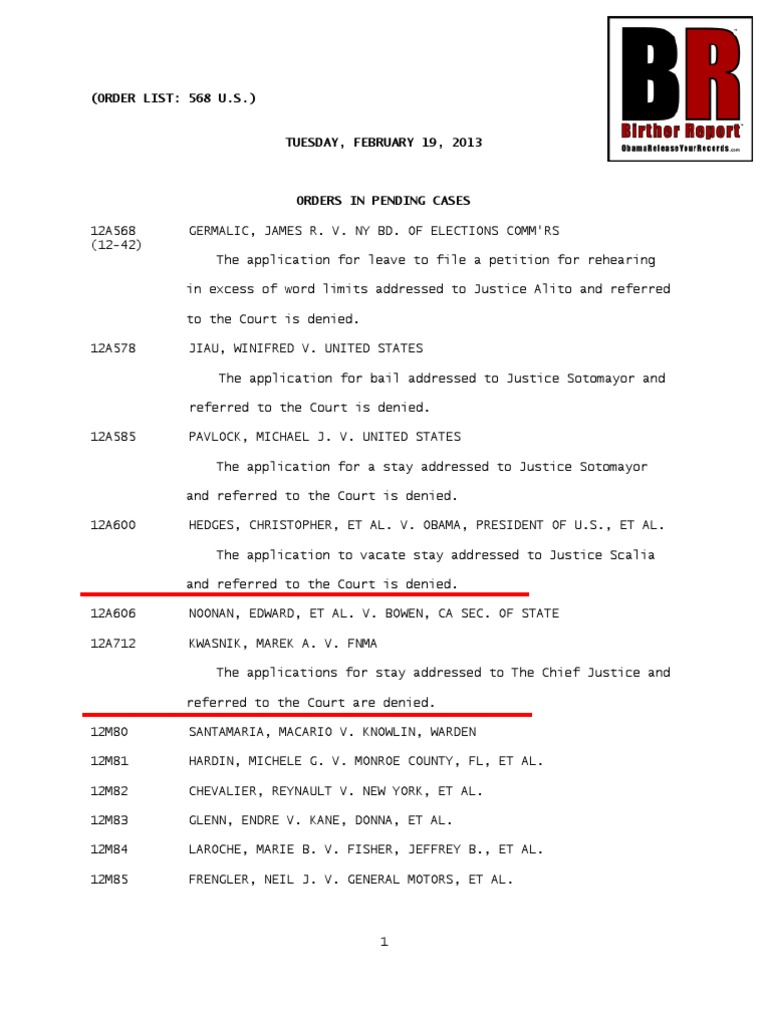 Noonan V Bowen Obama Supreme Court Order List Application For