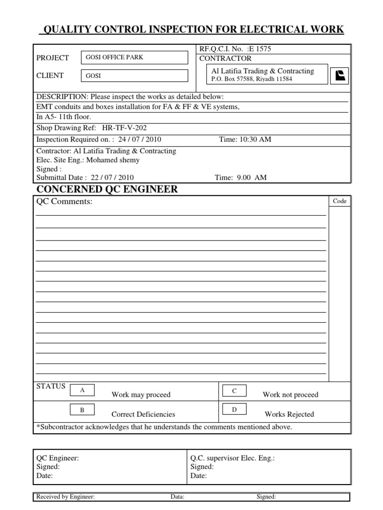 Electrical Work Quality Control Inspection | PDF