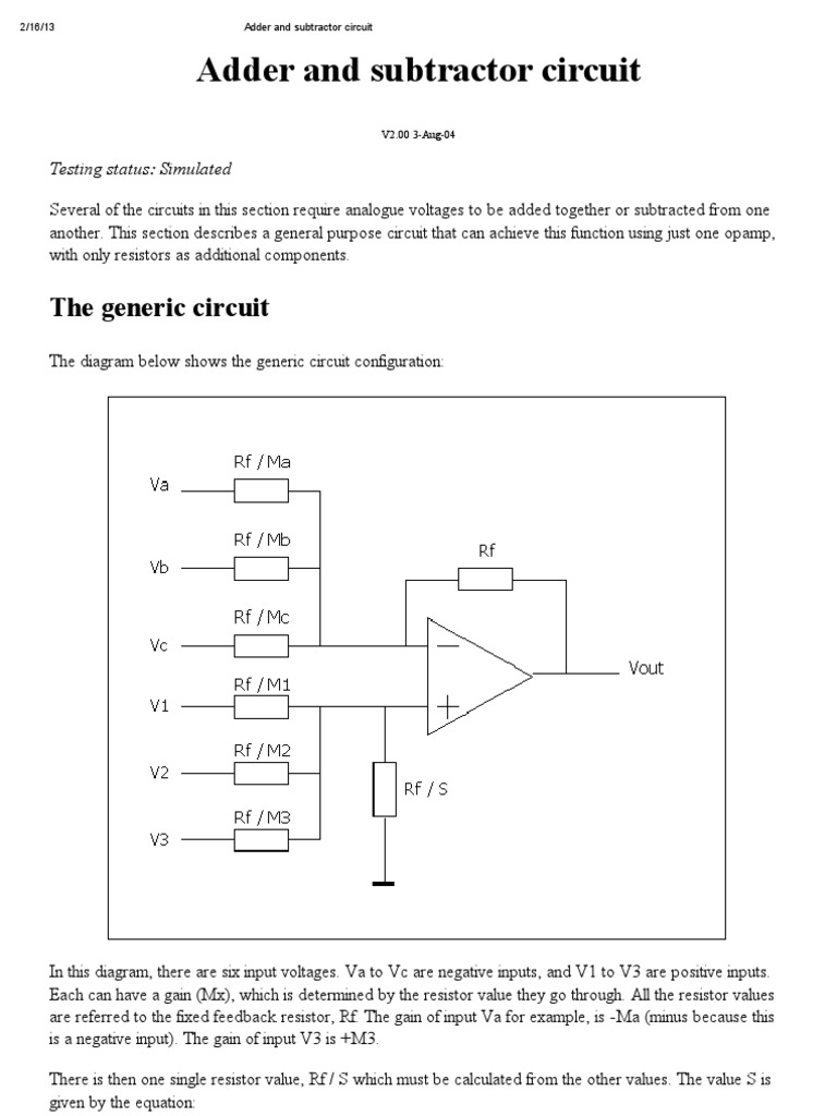 Adder and Subtractor Circuit | PDF | Operational Amplifier | Electronic ...