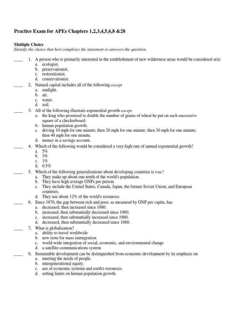 APEs Practice Exam: Chapters 1-6, 8, 28 | PDF