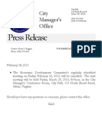 PRESS RELEASE For Economic Development Committee 2-22-2013